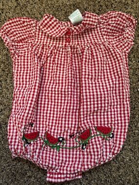 Vintage Baby Okie-dokie Gingham Baby Romper with Watermelon Embroidery